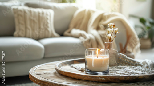 A scented candle in an elegant glass jar is placed on the wooden coffee table near a sofa with beige fabric and grey cushions.