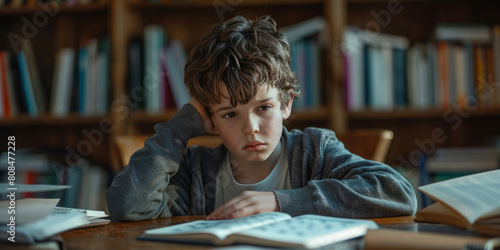 A distressed boy sits at a table doing homework, embodying a concept of family care.
