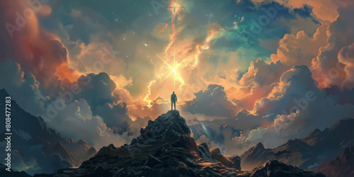 A man is standing on a mountain looking at the sky, with bright light shining down from above with a cross in the center.