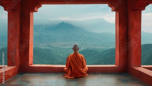 Convey the harmony between man and nature in minimalist travel through detailed portraits of travelers meditating in serene Tibetan monasteries.