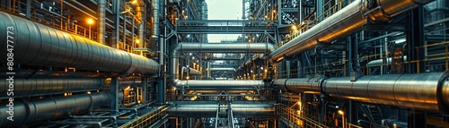 An industrial building with a network of pipes running along its exterior, connected by catwalks that crisscross the structure 8K , high-resolution, ultra HD,up32K HD
