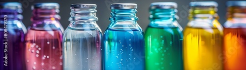 In an orderly row, glass bottles with silver caps show off their vibrant hues purple, pink, blue, green, white, orange, and yellow 8K , high-resolution, ultra HD,up32K HD