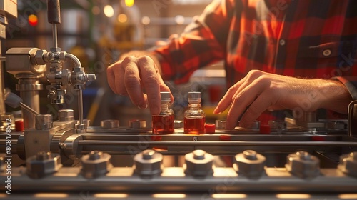 Hands of a technician finely tuning controls on a bottling machine, emphasizing sharp focus on the intricate adjustments
