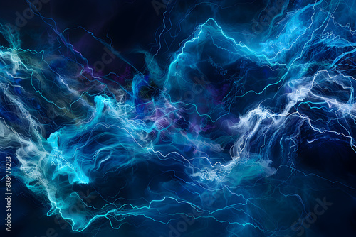 Luminous neon abstract art with electric blue and teal hues. Mesmerizing artwork on black background.