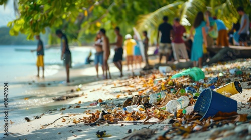 community organizing a beach cleanup, removing litter and protecting marine ecosystems.