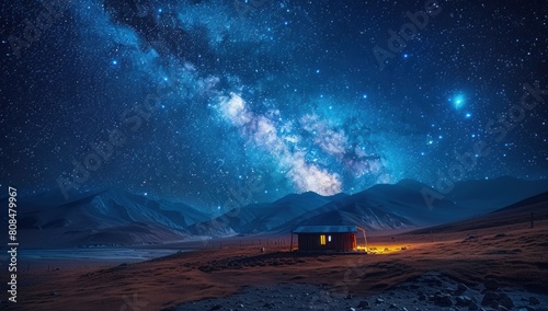 Showcase the beauty of simplicity in accommodation with high-detail images of a minimalist traveler's campsite under the star-studded sky of Tibet's high plateaus.