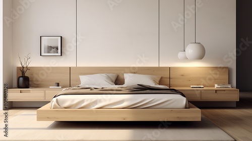 A minimalist wooden platform bed with integrated nightstands, offering sleek style and functionality in a modern bedroom