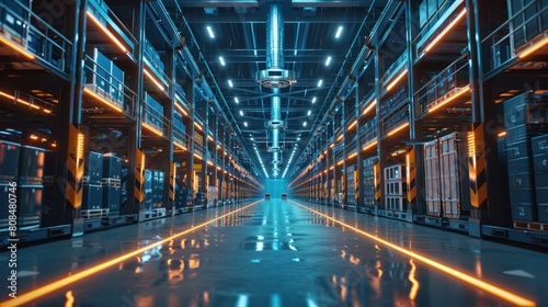  futuristic warehouse with advanced automation and AI systems managing the movement of goods, envisioning the next generation of global logistics. 