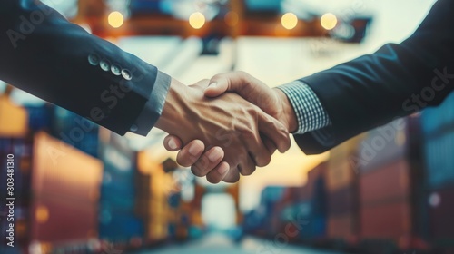  handshake between a representative of a large multinational corporation and an overseas buyer, symbolizing the successful completion of an international export deal. 