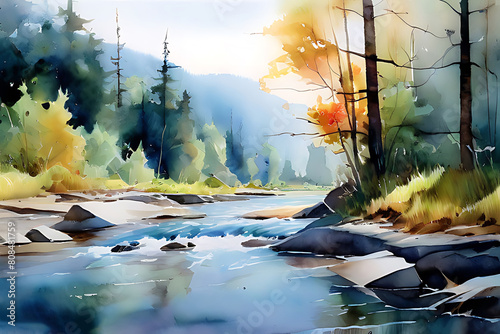 Watercolor painting of a simple landscape of a meandering river surrounded by lush trees. The clear blue sky was scattered with fluffy white clouds. and the sunlight shines through the leaves
