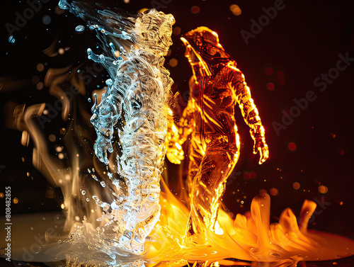 Dynamic and captivating digital artwork depicting a human figure made of water and fire, symbolizing the fluidity and energy of life.