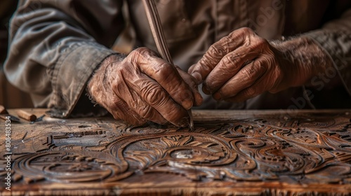  skilled artisan meticulously carving a intricate design into a piece of wood, their tools gliding effortlessly over the surface,
