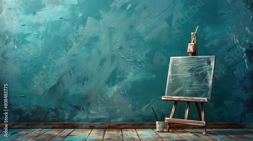 A wooden easel is set up against a teal wall , ready to be used for painting
