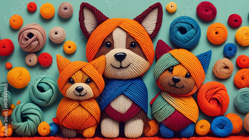 string dogs with spools of yarn background wallpape