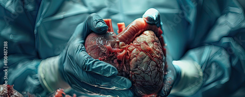 A close-up view of surgeons' hands delicately handling a human heart during a detailed surgical procedure, emphasizing precision and care.
