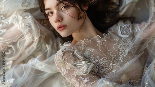  close-up photo of a model wearing a flowing maxi dress made of soft, pastel-colored silk, with intricate embroidery and delicate lace detailing.