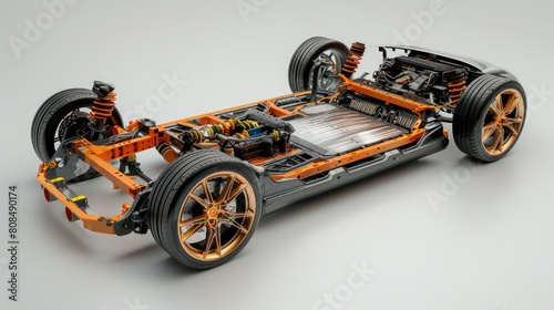 cutaway view of an electric vehicle's chassis, revealing the placement of the powertrain system and its integration with other vehicle components. 