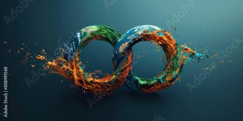 A colorful, abstract design of two circles that are connected by a line