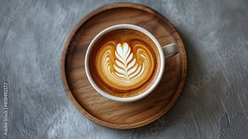 A cup of coffee with latte art in a white mug on a plate with scattered brown beans, in a closeup view from a top down perspective with a flat lay background.