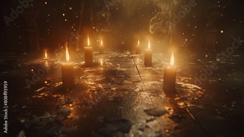 A dark room with a circle of candles on the floor.