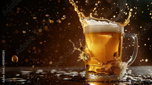 A glass of beer with a splash of water on a dark background.
