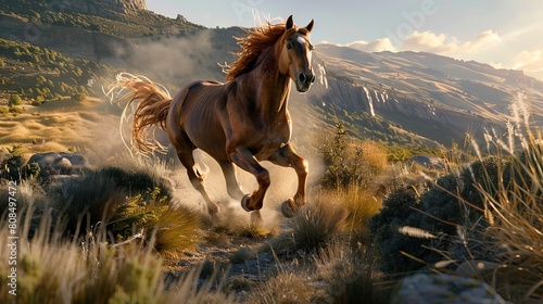 A wild horse is running in the mountains.