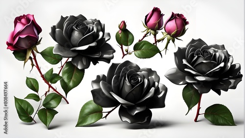 A black-petalled rose bloom viewed from the top and side. Transparent PNG background that is isolated. different perspectives. The fantasy blossomed. present for Valentine's Day. Mother's Day festivit