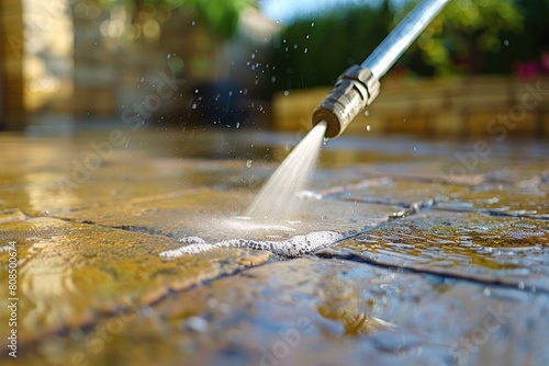Deep cleaning of outdoor terrace using powerful water jet to remove grime from paved stones