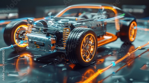  step-by-step animation of an electric vehicle's powertrain system in action, demonstrating the conversion of electrical energy into mechanical power.