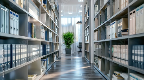 A stylish and organized filing area in an accountant office, with rows of neatly labeled filing cabinets and shelves holding financial documents. 