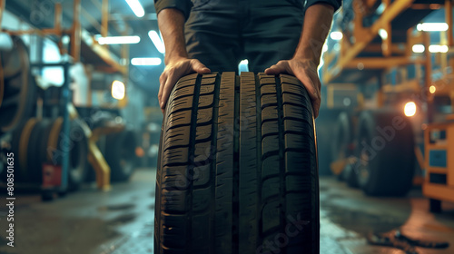 Wheel Tire change, Garage mechanic worker replace car tyre new rubber wheels in auto service workshop center