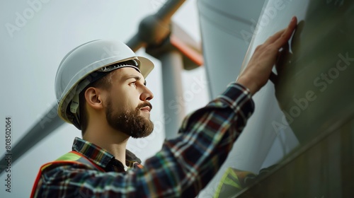 wind turbine technician inspecting a turbine blade, 