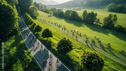 Birds-eye view of a bicycle race in a green valley
