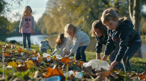 Children picking up litter in a local park