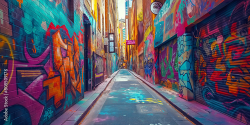 A vibrant street art alley adorned with colorful murals and graffiti, showcasing the creativity and cultural vibrancy of the city