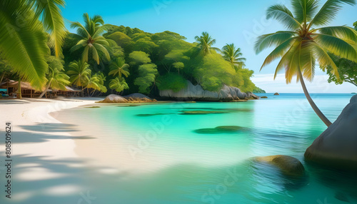 A tropical beach with palm trees and clear blue water lapping against the shore