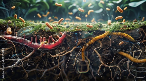 High-resolution illustration of soil microbiome, featuring microorganisms interacting dynamically within a complex ecosystem of roots and organic particles