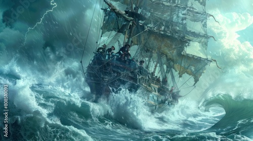  towering pirate ship sailing through a stormy sea, with children dressed as pirates manning the rigging. ,