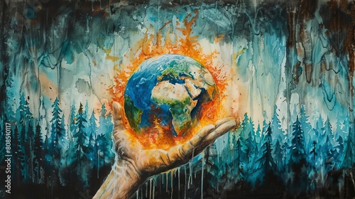 A detailed painting showing a hand holding an Earth where the forests are burning and glaciers are dripping, illustrating the severe impacts of global warming