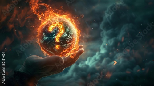 A surreal illustration of a hand gripping a fiery Earth, with smoke clouds forming the shape of a question mark, representing the uncertainty caused by global warming