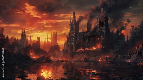 Gothic architecture silhouetted against a smoldering sky, lava rivers reflecting on crumbling facades, apocalyptic city of hell