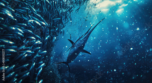 A blue marlin chasing sardines in the ocean, underwater photography
