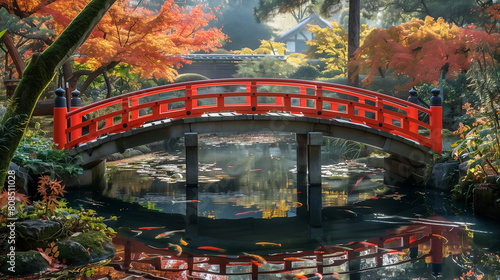 Beautiful of a red bridge over a pond in a Japanese garden. The water is crystal clear. The bridge is surrounded by trees with red and yellow leaves.