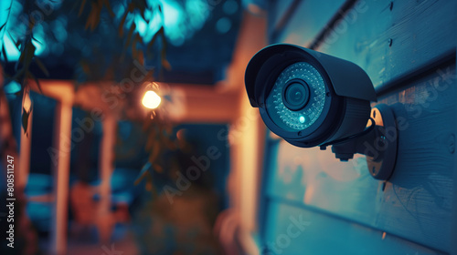 Close-up view of a modern home security camera monitoring vigilantly, showing details of advanced technology and vigilance around the area, Ai Generated Images
