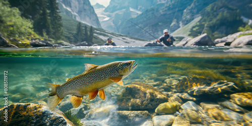 fish in the lake, lake in the mountains, A trout swimming in a crystal-clear mountain stream, with fly fishermen casting lines in pursuit of these elusive fish