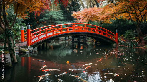 Beautiful photo of a red bridge over a pond in a Japanese garden. The water is crystal clear.