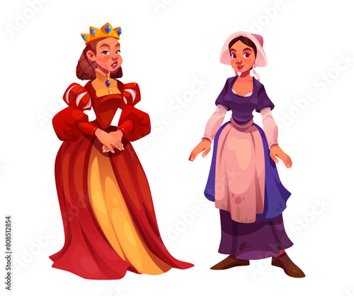 Medieval people cartoon character set. Vector illustration of queen in red dress and golden crown, and peasant girl in poor clothes. Ancient female fairy tale person. middle age royal and farmer woman