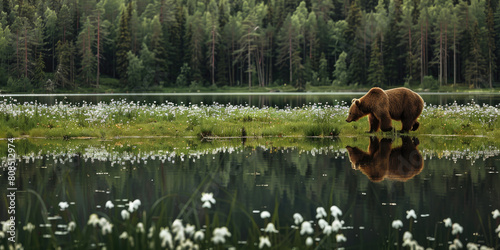 a bear walking along the edge of an open forest lake in Finland, with its reflection visible on the calm waters and white flowers growing around it