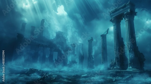 Enchanting scene of the legendary city of Atlantis, with surreal bright lights filtering through fog over ancient, mythical architecture
