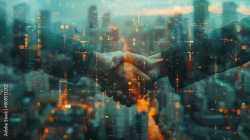 Corporate handshake in a digital landscape, highlighting industry transformation